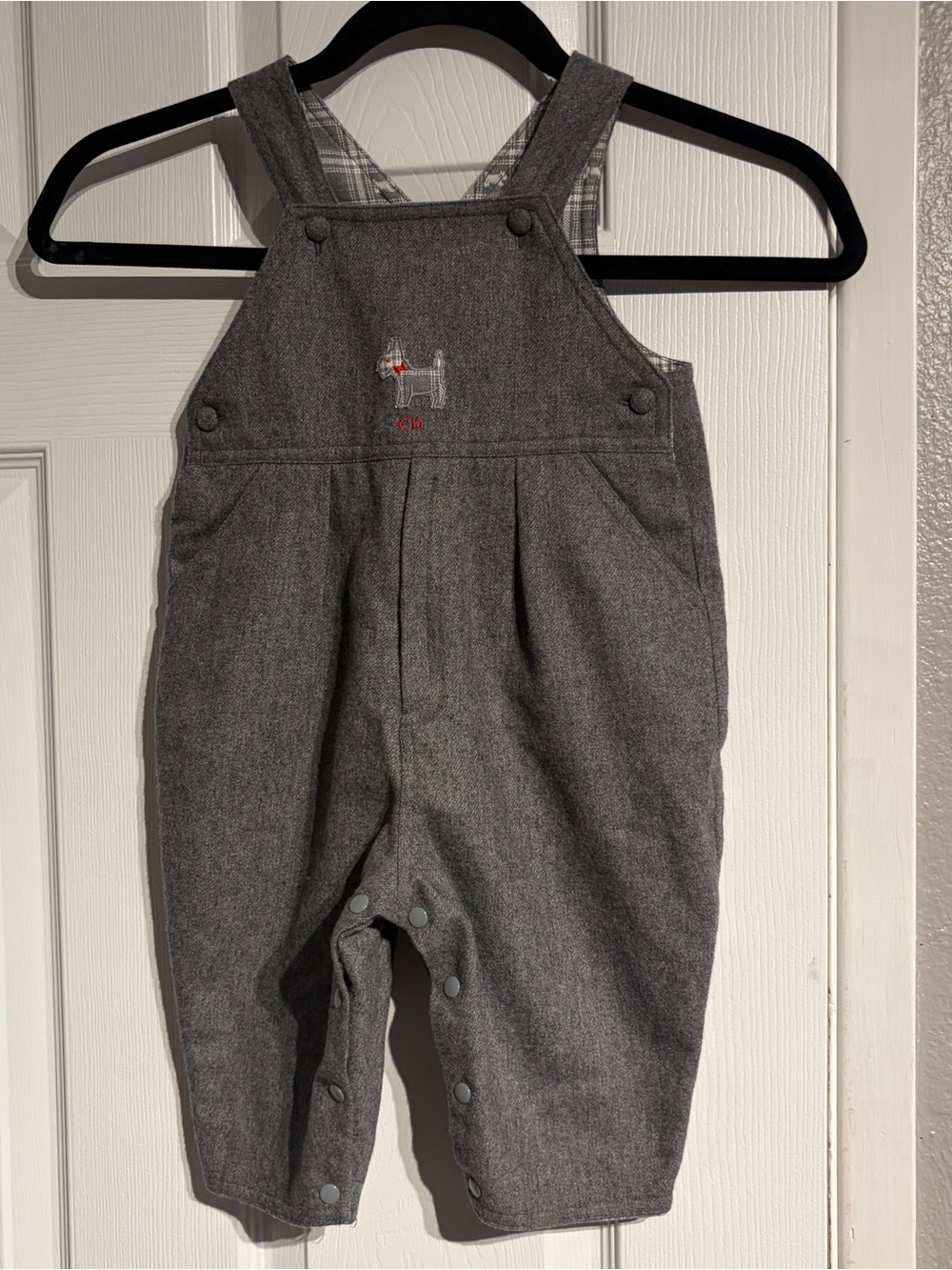Baby Dior Vintage Wool Overalls Baby Size 12 months Grey with plaid Scottie dog